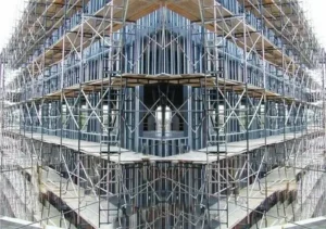 Steel scaffolding system surrounding a multi-story building